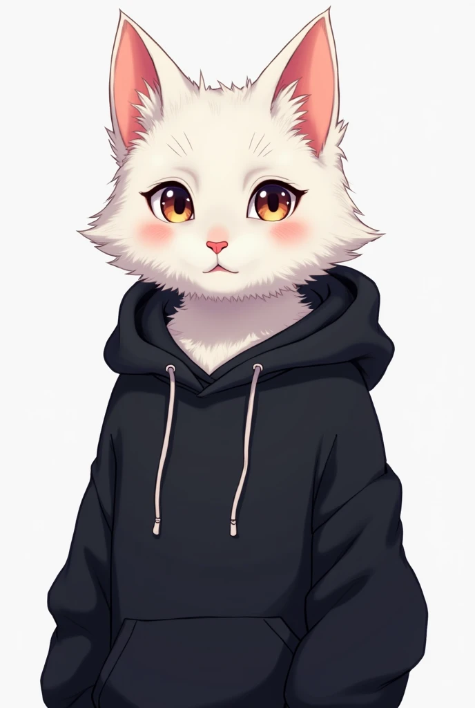 Anime style image of a furry white male cat, femboy in a black hoodie.
