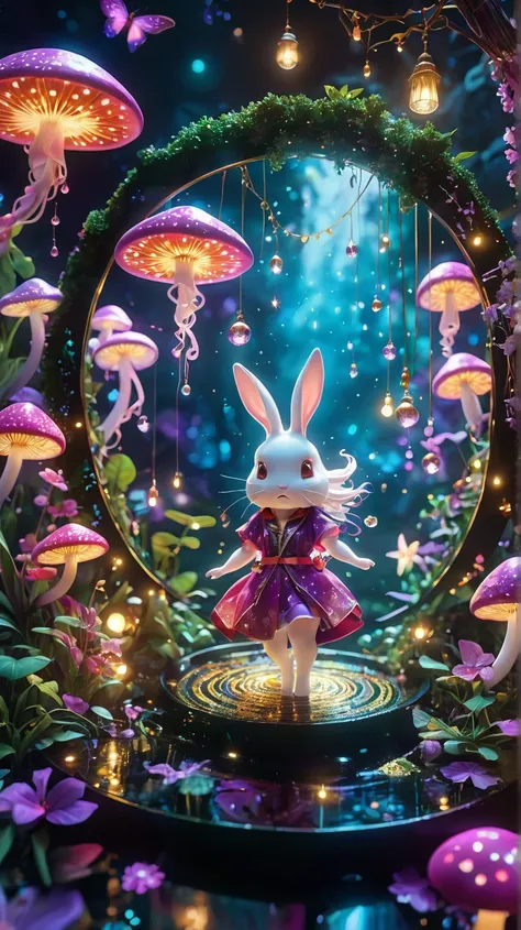 Magical witchs garden, bunny-eared apprentice practicing levitation spells, floating teacups and saucers, mischievous fairy companions, glowing mushroom circle, starlit night sky, shimmering magical aura, crystal wind chimes, soft pastel colors, detailed m...