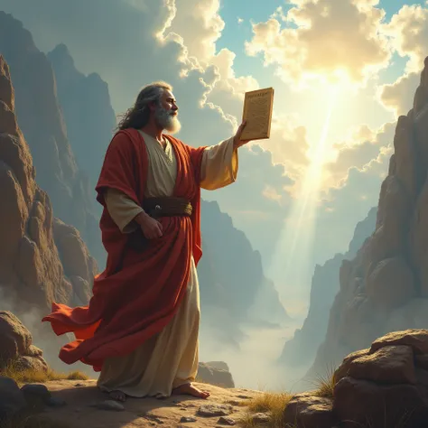 " Moses holding the tablets of the law under a bright sky, against a background of mountains and clouds ,  symbolizing divine revelation ."