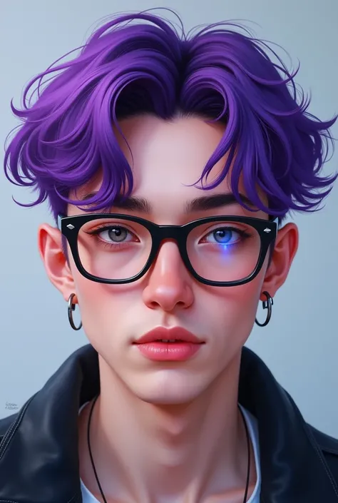 Young man with purple hair。 wearing glasses 。