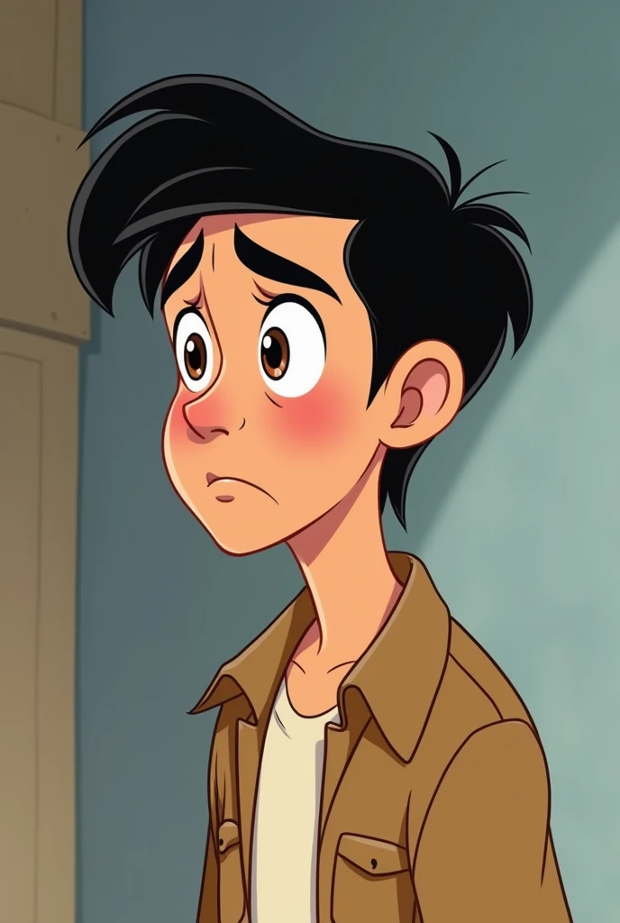 a young man facing sideways with a worried face, disney style