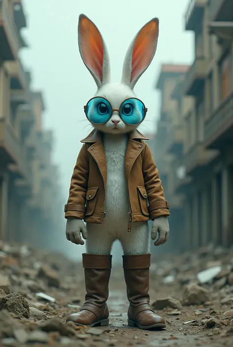  Real image of a rabbit , It is a kind of human ,  with blue eyes white skin and with tall brown leather boots .  In the hands with gloves and blue glasses that must match the color of the sky. It must be in a less crowded city with the characteristic of b...