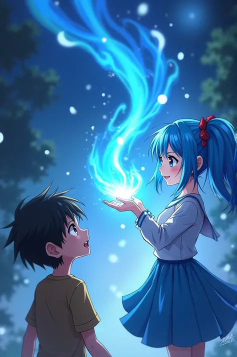 Create an anime scene of a boy extending his hand to take the blue power from the girl with blue hair 