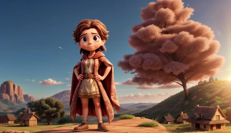 Disney Pixar Style, A close-up of Rute standing on a hilltop overlooking a small village, her face full of resolve. Her expression is focused, with a slight smile showing her determination. She’s a 30-year-old woman with medium brown hair, brown eyes, and ...