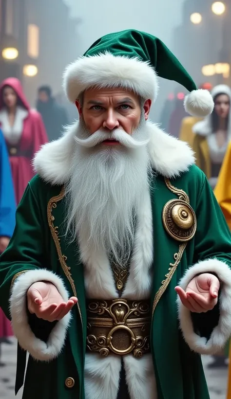 Highly realistic textures, live action, and colorful Santa Claus scenes. There are about 10 Santa Clauses, each wearing a different colored robe (purple, green, blue, yellow, orange, pink, etc.). A birds-eye view of everyone with their hands outstretched a...