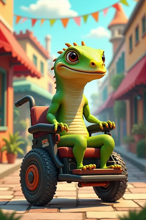  A cartoon image that is an iguana that likes music and rides in an electric wheelchair, Her left leg is slightly shrunken and her right leg is well placed 