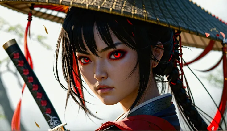  1 girl,  long hair,  red eyes,  Ultra High Definition,  black hair,  Unreal Engine , samurai, warrior