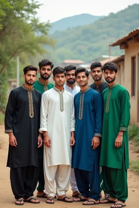 Image of six beautiful pakistani Pathan boys friends of age 16 wearing shalwar kammez of colour black,white blue green village background and white skin colour.