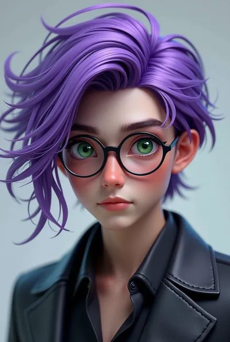 Young man with purple hair。 wearing glasses 。 long hair, Green eye height 　 image quality model,  high detail, 
