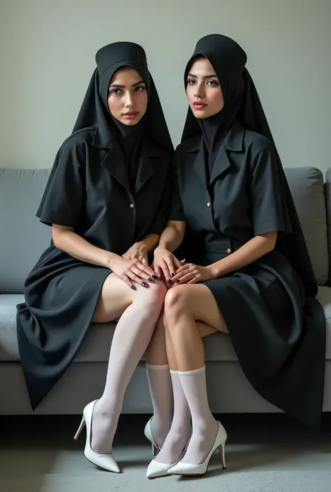 BEST QUALITY, HIGH RESOLUTION, SUPER DETAILED, MASTERPIECE, LIVE SHOOTING, REAL PHOTO SHOW SHORTS, HYPERREALISM, SHARP FOCUS, SCENE, GREAT DETAIL, SUPER BEAUTIFUL, FACIAL BEAUTY, TWO IRANIAN FEMALE NURSES WEARING BLACK TENT VEILS, THIN WHITE GLASS SOCKS AN...