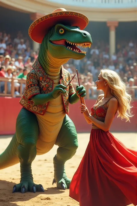 Crée-moi une image humoristique d’un T-Rex, déguisé en espagnol, en torero avec des banderilles, entre les mains en train de faire de la tauromachie avec une femme blonde, et aux yeux verts