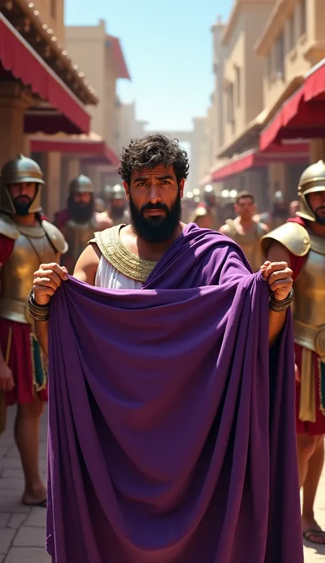 A wealthy Roman merchant nervously holding up a luxurious purple toga in a bustling Roman marketplace.

The background shows vendors selling exotic items like pottery and spices, but the merchant looks over his shoulder, clearly wary of nearby Roman guards...