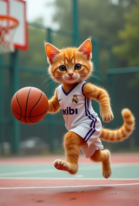 A very small orange cat wearing a Real Madrid shirt playing basketball 