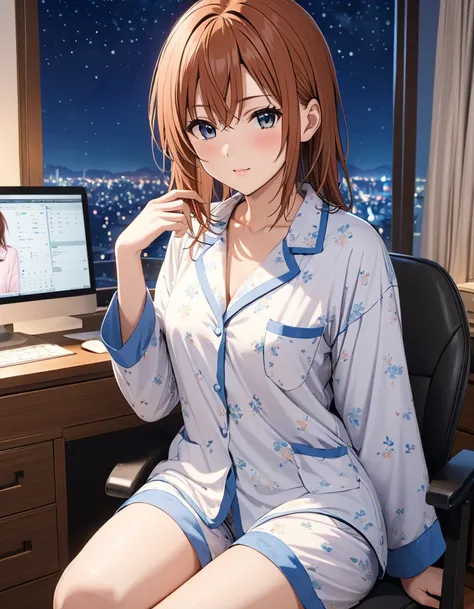 night, bedroom, At the desk, 椅子に座る, See photos,  dye your cheeks, , pajamas, (Misaka Mikoto), masterpiece:1.5, masterpiece, highest quality, UHD, retina, masterpiece, accurate anatomy, super detailed, high quality, best quality, 8k