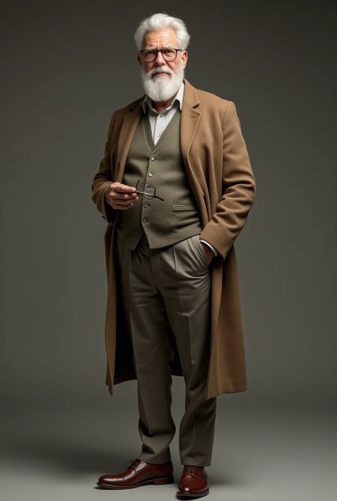  Stylish elderly man younger type ,  well-ironed and presentable pants and coat , white beard and well organized ,  shoes from the very famous Italian brand with glasses in their hands. Sculpt hair and hairstyle back
