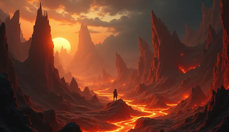 "Create a dark, intense image of a fiery hellscape with twisted, jagged rocks and rivers of lava. The scene shows tormented souls in various forms of punishment, with some burning in eternal flames, others being pulled into the depths by monstrous creature...