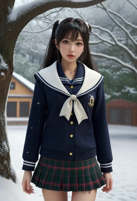 photo realistic , cinematic , close-up, 2 girls, Genius slender female idol Yuki high school girl with ducktail hair, cute sailor suit, tartan scarf, checkered miniskirt, the beautiful , dark Winter, Snow is falling steadily, sprinkling snow, ordinary Japa...