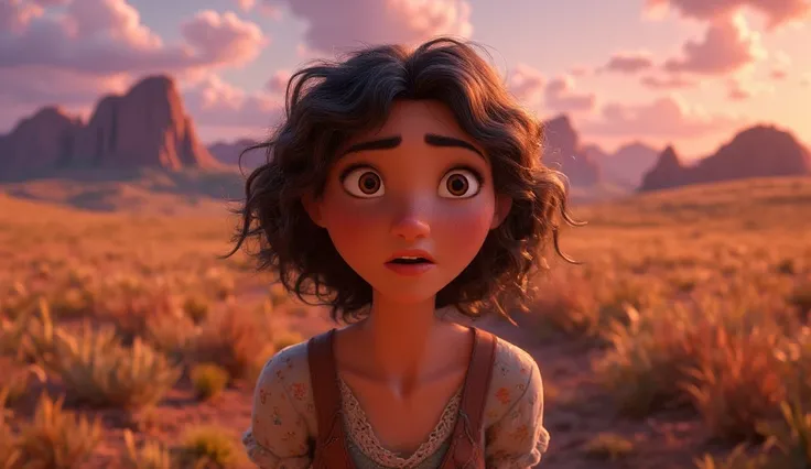 Disney Pixar Style, Scene of a woman walking alone through a vast, barren field at dusk, looking determined and hopeful. Rute, a 30-year-old woman with dark brown hair, brown eyes, and light skin, wearing simple, worn clothes. The sky is filled with soft o...