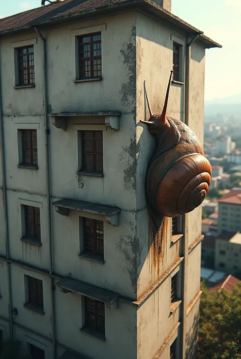 A gigantic snail climbing into a six-story building in Guatemala fotorealista realidad. 