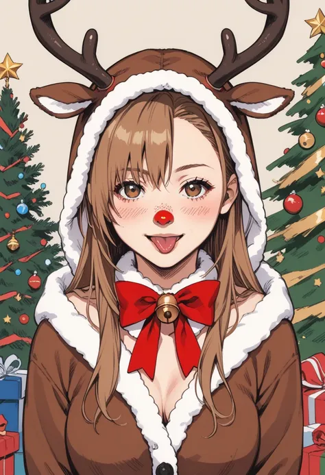 score_9, score_8_up, score_7_up, source_anime, asuna yuuki, long hair, brown hair, brown eyes, medium breasts,, reindeer costume, animal costume, reindeer antlers, antlers, fake antlers, reindeer hood, christmas, red nose, deer ears, deer tail, christmas t...