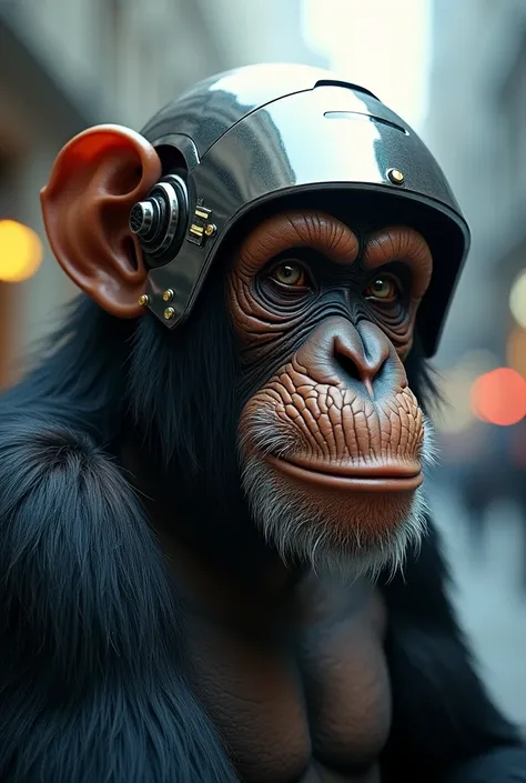 Chimpanzee wearing a helmet COLOR shiny bright open visor cyberpunk style with robotic features, photographie hyper réaliste dans le style de pose éditoriale,  photorealistic, 8k, high rendering 