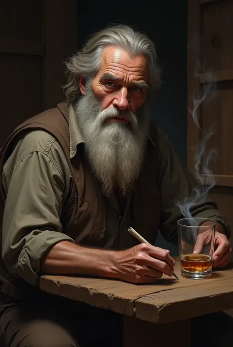 portrait of an old man , Rustico,  gray beard smoking cigar and drinking whiskey. 