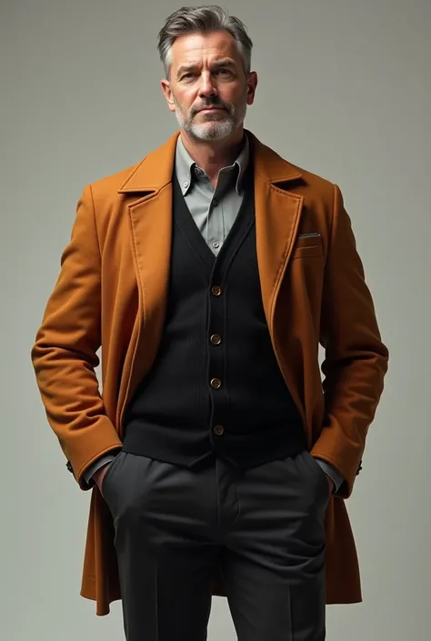 A man with brown orange jacket, black vest, and gray polo long sleeve . in formal

