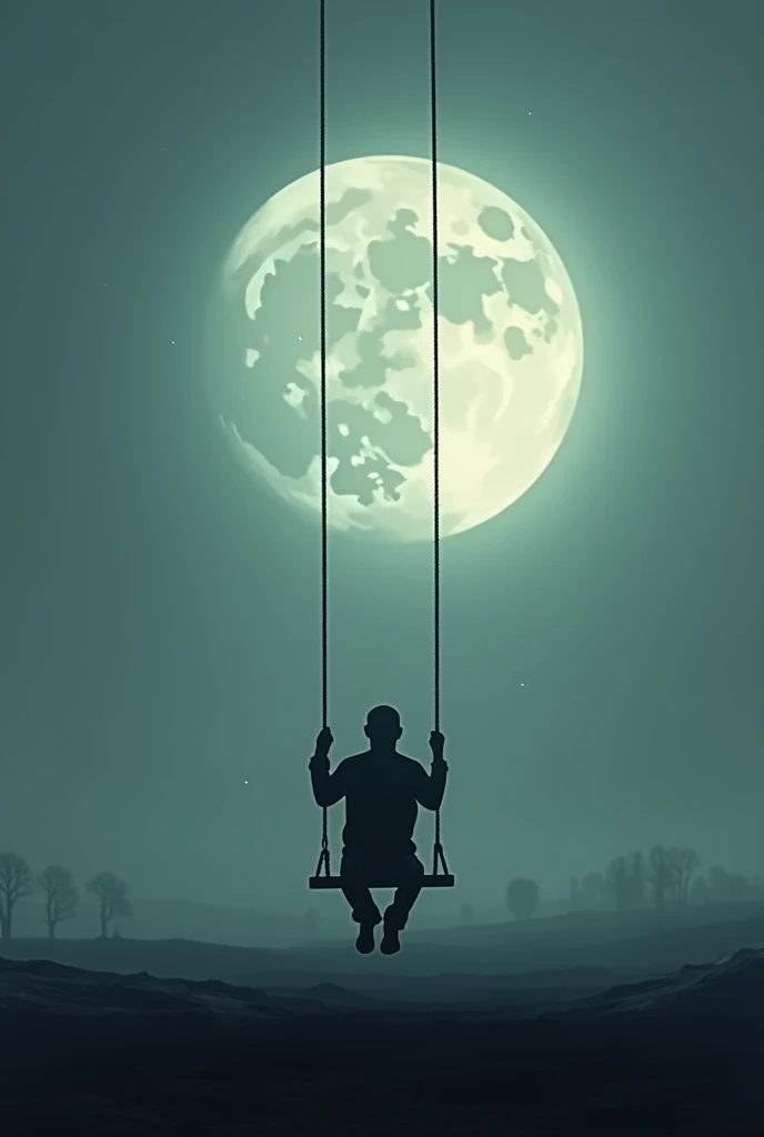 A depressing dark image of a moon with a silhouette of a man on a swing from a really  really far away shot for a wallpaper