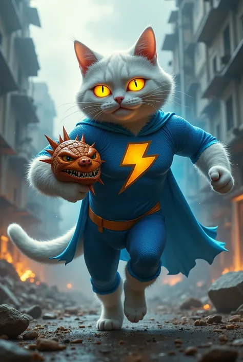 Cat Face Godzilla is a muscular anthropomorphic white cat with bright yellow eyes dressed like a superhero in a vibrant blue costume with a yellow lightning bolt symbol on his chest, flexing his muscles and glowing with electrical energy. The cat is mid-ba...