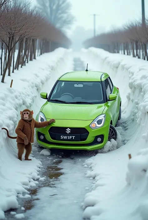 green suzuki swift drives into a ditch in the snow under rows of vines and is led by a young monkey in a thick coat