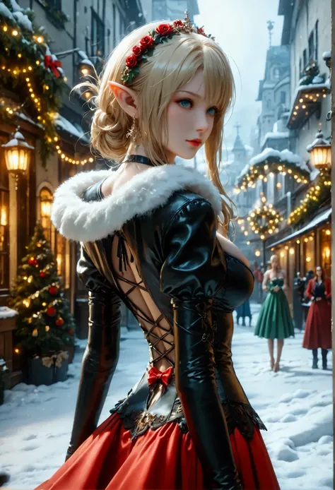 (8k, top quality, Masterpiece , Final Fantasy Style: 1.2),Atmospheric perspective, 8K, Very detailed, Accurate, Highest quality, masterpiece, Very detailed,Sharp focus, High resolution, full body shot of a female elf, Complex, Narrow Face, elegant, Wearing...