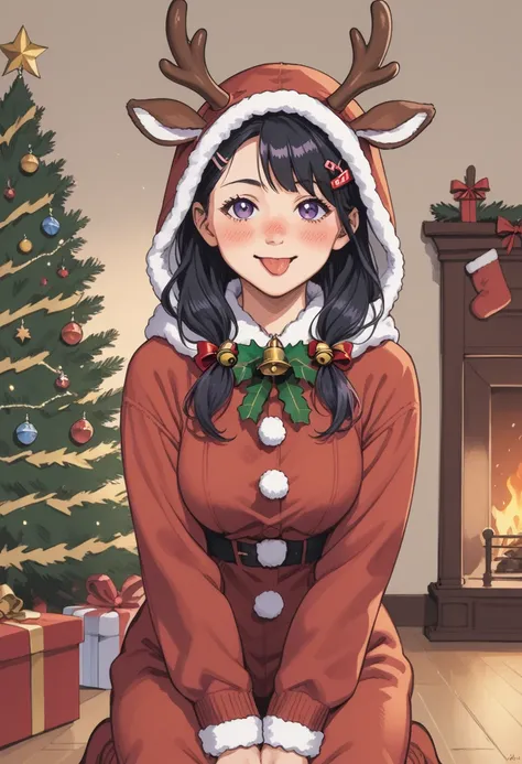 score_9, score_8_up, score_7_up, source_anime, mai sakurajima, long hair, bangs, black hair, hair ornament, purple eyes, hairclip, rabbit hair ornament, medium breasts,, reindeer costume, animal costume, reindeer antlers, antlers, fake antlers, reindeer ho...