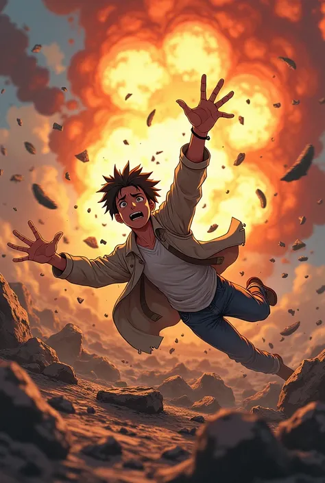 Send an anime scene where a young man falls to the ground after an explosion and hits his head