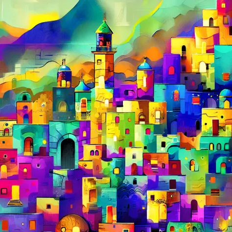 a painting of a colorful city with a mountain in the background, colorful city, vibrant digital painting, colorful digital painting, city of pristine colors, colorful art, colorful scene, vibrant digital art, colorful buildings, colorful digital art, color...