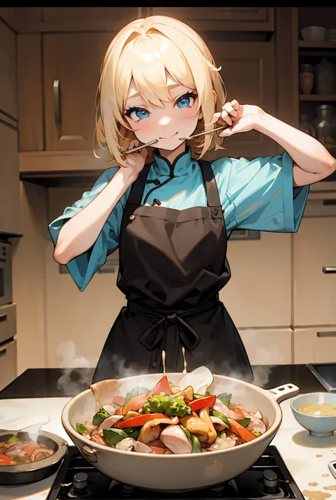 Blond bob haired blue-eyed girl who can also stir fry