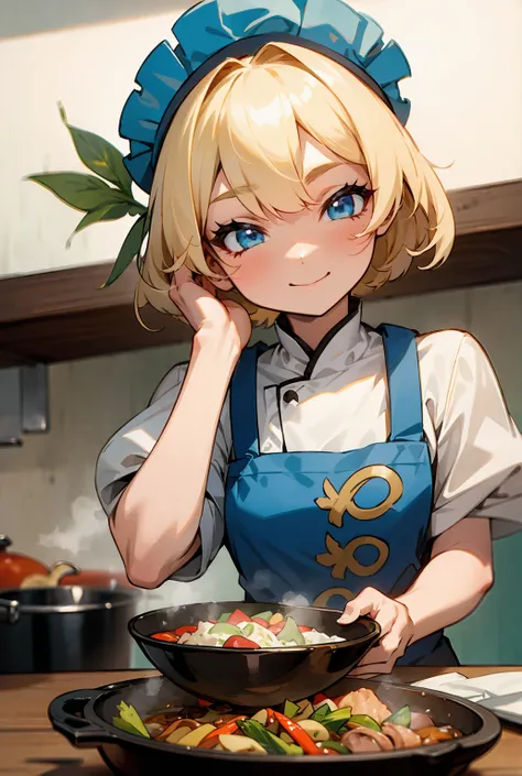 Blond bob haired blue-eyed girl who can also stir fry