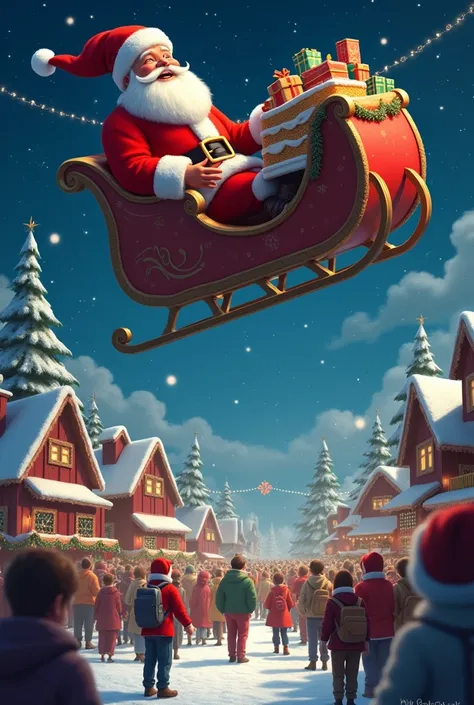 From dark blue beautiful sky Santa with his cart is coming to all houses to give his special gifts. In the ground all main are waiting for him and Santa is very happy.  a large cake is decorated for him by many people santa cut the cake. give a special ima...