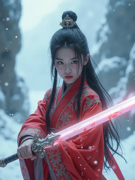 A cinematic photo of a young Chinese female warrior with black hair holding a radiant snow legend sword that is dripping blood. She is wearing a red outfit. The background contains a snow-covered battlefield environment with ice formations. The style of th...