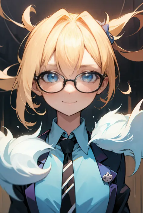  blonde bob haired girl with blue eyes 、 glasses and tie looking at the camera,  inspired by Okumura Tsuchigu ,   Anime Moe Art Style ,  2D anime style ,  tall anime woman with blue eyes ,  inspired by Okumura Masanobu, Anime Boy, Young Anime Woman ,  made...