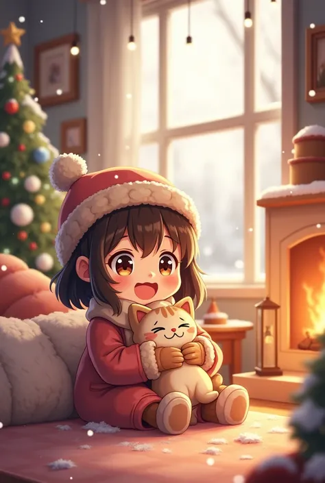 anime、 character、 girl、cat、Inside the house、winter、Warm and warm、smile、happiness