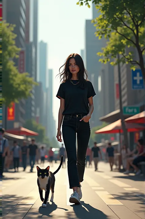 A woman in black casual attire walks with a cat 