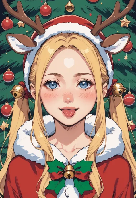 score_9, score_8_up, score_7_up, source_anime, usagi tsukino, blonde hair, blue eyes, double bun, hair bun, hair ornament, long hair, twintails, circlet, parted bangs,, reindeer costume, animal costume, reindeer antlers, antlers, fake antlers, reindeer hoo...