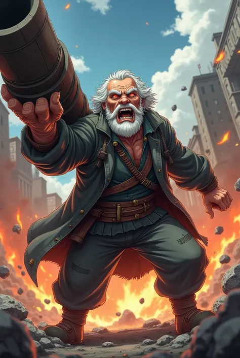 Play an anime scene of an old man holding a cannon and angry action