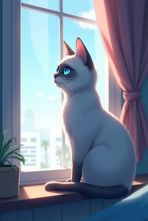 Blue eyed cat anime staring out the window