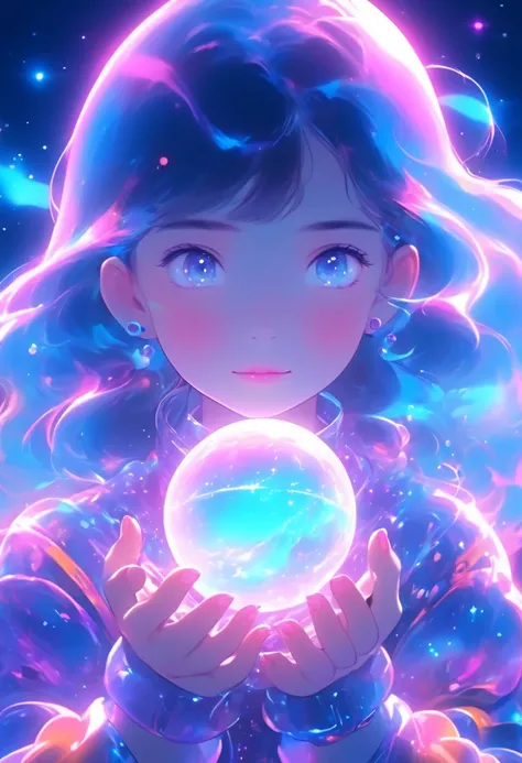 A girl holds a planet in her hands，close-up，Shining fluorescent feeling，transparency，Dream，many&#39;s Color Scheme，Matte texture， high quality ， high resolution when surfing，Red Rose， blue， neon lights ， space background 