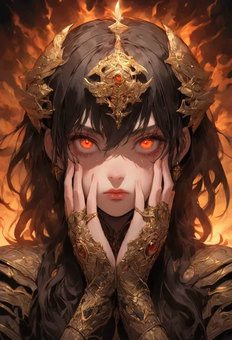 (best quality, masterpiece:1.3), illustration, ((beautiful detailed face)), beautiful detailed skin, intricate details, ultra detailed, (woman ANGEL : armor), SHARINGAN eyes, BLACK AND FIRE hair ESPETADO COM GEL, (worried face:1.2), eye contact, standing i...