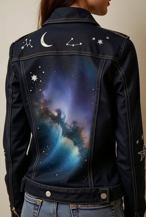 Celestial Night Theme

"A black denim jacket with a celestial-inspired design. The front features embroidered constellations in metallic silver and gold, scattered across the chest, with a crescent moon motif near the left shoulder. The back showcases a la...