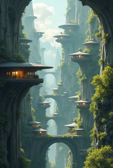 A highly detailed illustration of a futuristic city,A future city with a blend of nature and technology with houses on tall columns connected through tunnels from one building to another., complex texture, intricate artwork, ultra detailed,