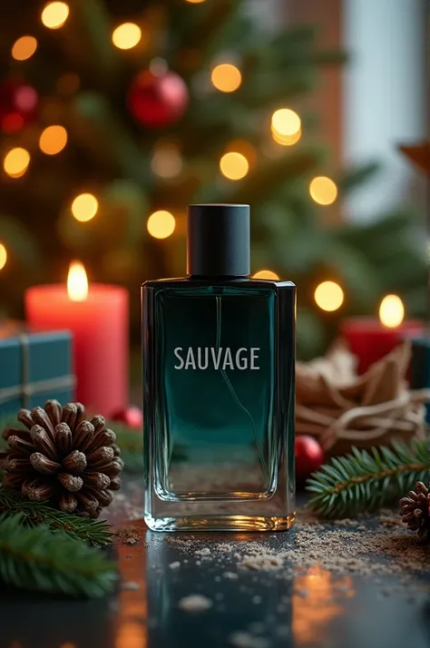 Photo of sauvage perfume with Christmas background 