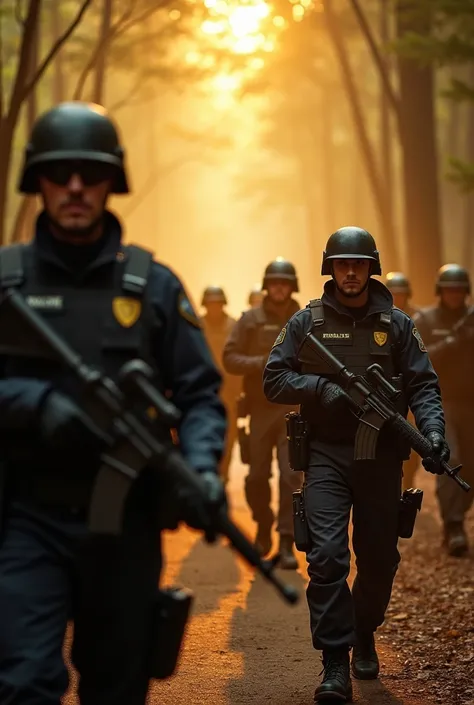 A group of guards in modern tactical uniforms patrolling the Bohemian Grove perimeter, with one guard staring suspiciously at the camera, with warm golden lighting, paiting, cinematic quality, 8k, photograph, 